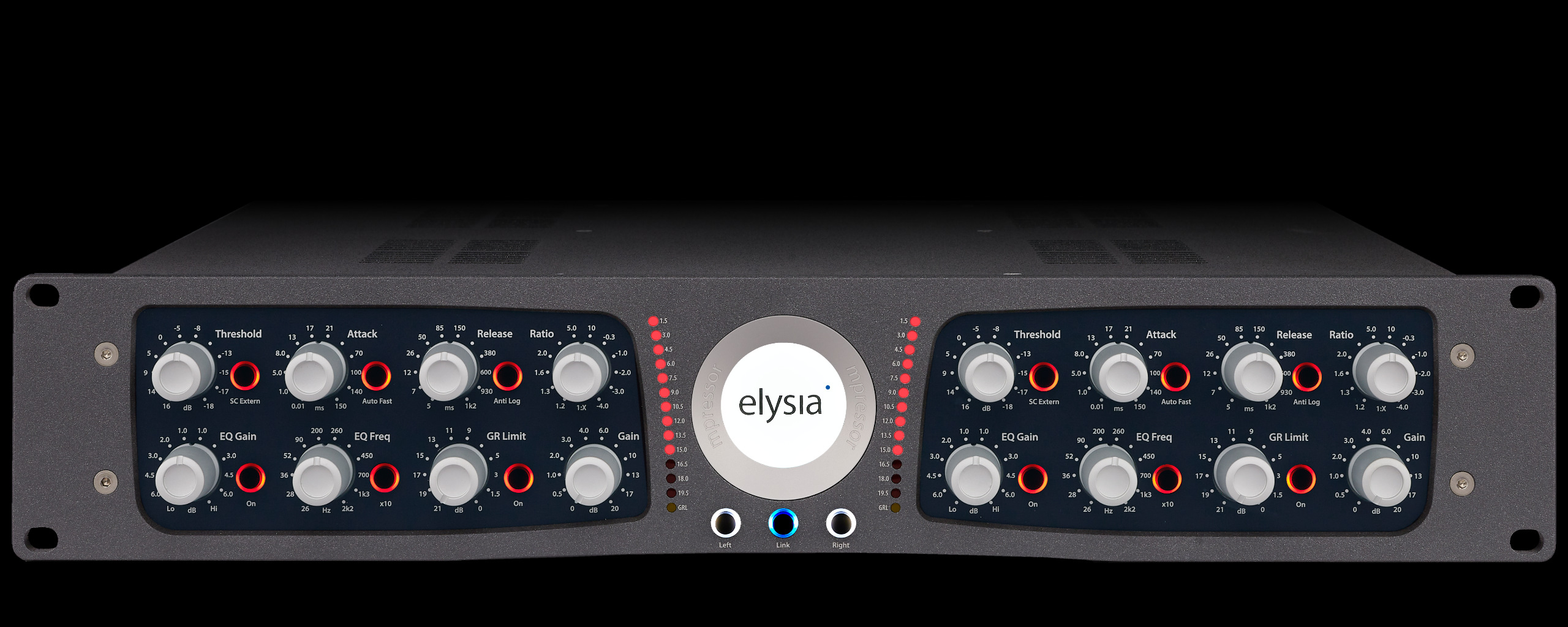 picture of the elysia mpressor rack unit front with all controls