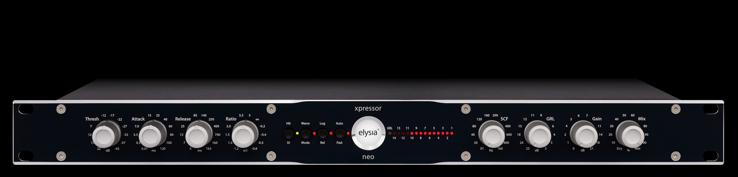 picture of the elysia xpressor|neo 19" rack front with all controls and buttons.