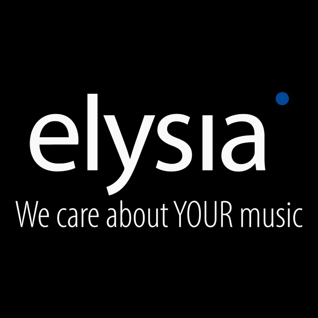 the elysia logo with the "we care about your music" slogan