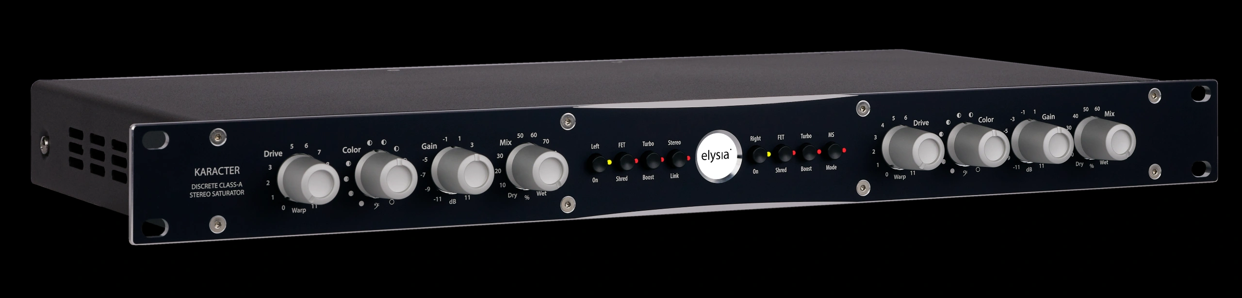 picture of the elysia karacter rack front with all controls and buttons.